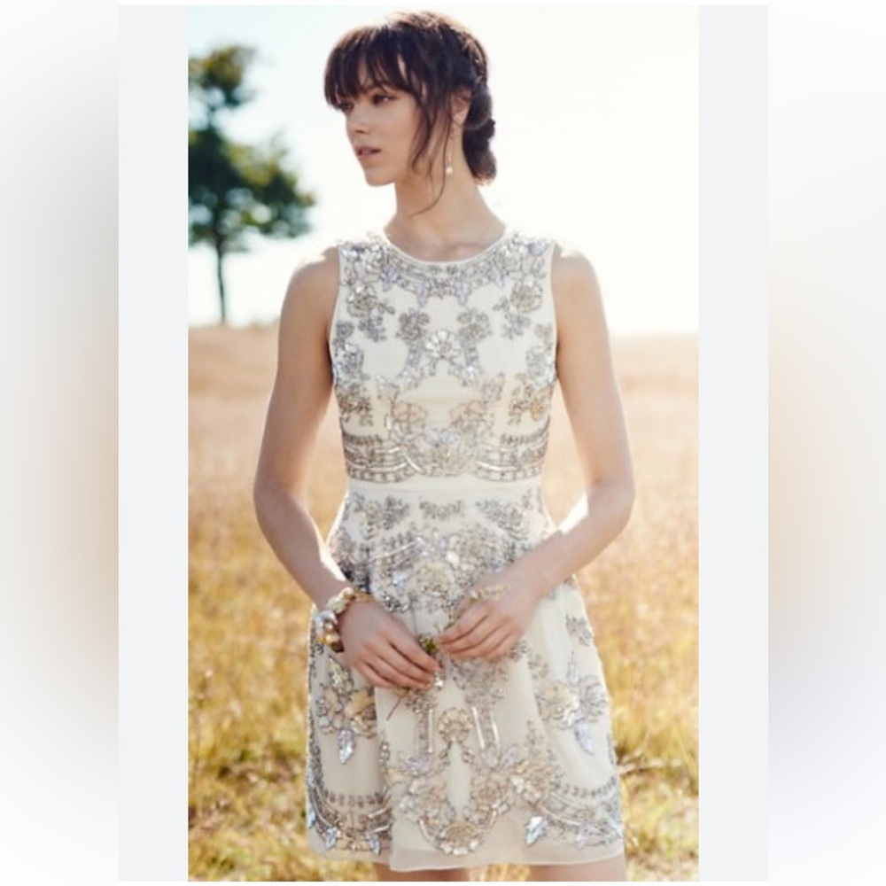 Needle & Thread Sleeveless Ivory Sequin And Beaded Floral Mini Dress
